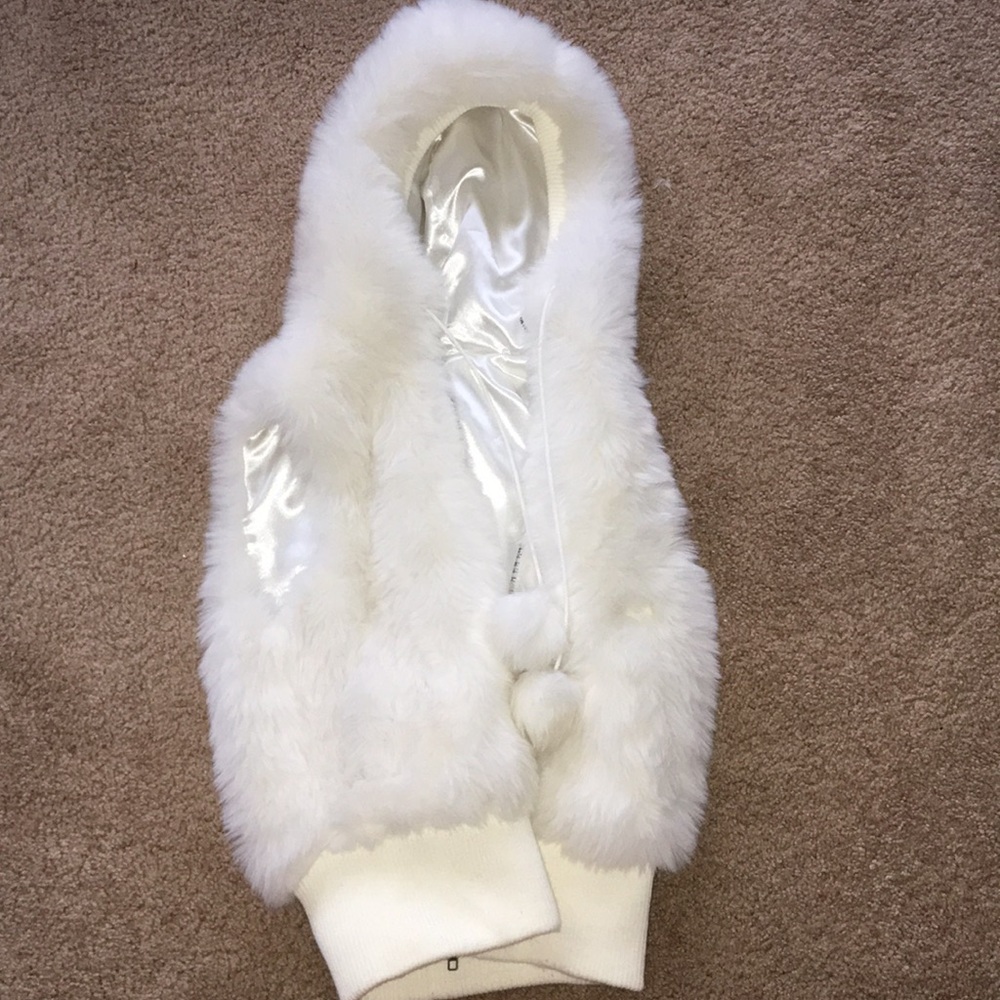 White fur vest with hood